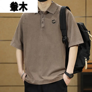 軬木佳澤雨男裝店polo衫男夏季復(fù)古水洗寬松上衣男士潮流刺繡 咖啡色 M