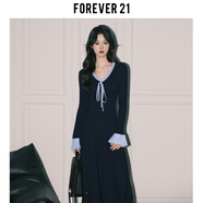 Mother永遠21韓國時(shí)髦蕾絲V領(lǐng)針織連衣裙女士藍色修身喇叭長(cháng)袖a字長(cháng)裙 藏青色長(cháng)款 S