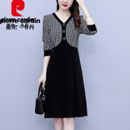 皮爾卡丹（pierre cardin）高端長袖V領(lǐng)拼接千鳥格連衣裙高腰顯瘦中長款裙子春秋裝2025新款 千鳥格 M 90-100斤