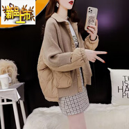 初徑棉服女士冬季新款小個子設(shè)計感小眾韓版毛衣拼接棉衣外套 卡其色 XL (建議115斤-130斤)