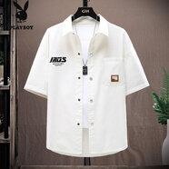 花花公子（PLAYBOY）潮牌夏季短袖牛仔襯衫男士百搭韓版修身簡(jiǎn)約時(shí)尚襯衣服# 白色 M