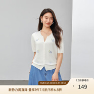纖莉秀【海鹽味的夏天】小清新繡花V領(lǐng)針織衫大碼女裝胖mm夏新款1208 米白色 XL