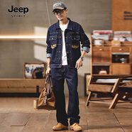 JEEP SPIRIT吉普牛仔套裝男2025秋冬藍(lán)色新款寬松舒適不掉色拼接復(fù)古二件套春 藍(lán)色 XL 【適合125-145斤】