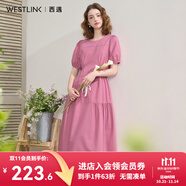 西遇法式溫柔設(shè)計(jì)感抽褶連衣裙女泡泡袖收腰中長(zhǎng)裙A字裙 粉紅色 M (160)