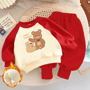 凱蒂貓（hellokitty）女童加絨衛(wèi)衣長(zhǎng)褲運(yùn)動(dòng)套裝凱蒂貓卡通洋氣兒童寶寶秋冬保暖休閑服 紅色套裝【餅干熊】 100