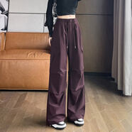 KOVLLIAEN美式高街工裝褲女秋季2025新款寬松顯瘦直筒闊腳褲百搭常規(guī)休閑褲 葡萄紫 S