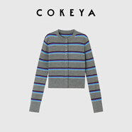 COKEYA鎮(zhèn)店精純48支美利奴羊毛條紋連帽圓領(lǐng)長(zhǎng)袖針織開衫時(shí)尚上衣女春秋 灰藍(lán)條紋 圓領(lǐng)開衫 M