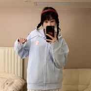 FSHE花邊衛衣外套女小貓咪碎花長(cháng)袖拉鏈連帽秋冬日系可愛(ài)休閑開(kāi)衫女 藍色 S