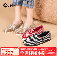 快樂(lè )瑪麗（J&M）單鞋男女2025春季新款時(shí)尚條紋懶人一腳蹬平底休閑布鞋 紅色 43 265mm