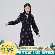 艾萊依商場同款新款系帶蝴蝶結(jié)法式氣質(zhì)連衣裙時尚百搭顯瘦長裙子 黑底色花 2XL 175/96A