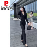 皮爾卡丹（pierre cardin）歐洲站時(shí)尚減齡套裝女2025秋冬季新款純色蕾絲花邊西裝外套微喇褲 黑色【外套+微喇褲】 L 【90斤-105斤】