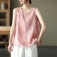 夏季棉麻吊帶背心女新款大尺碼寬松顯瘦胖mm200斤無(wú)袖T恤上衣服 粉色 L 110斤內