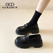 古卡頓（GUKADUN）樂(lè )福鞋子女鞋秋冬季百搭黑色小皮鞋英倫風(fēng)瑪麗珍單鞋厚底增高女鞋 黑色 35