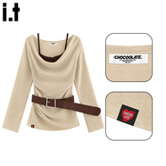 :CHOCOOLATE  it女裝潮牌秋冬連衣裙蕩領(lǐng)假兩件針織衫麂皮絨百褶半身裙套裝女 卡其色上衣 【均碼】 L