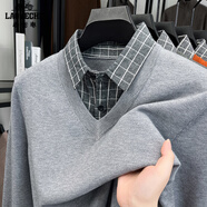 老爺車(chē)（LAOYECHE）假兩件毛衣男士秋冬襯衫領(lǐng)含羊毛長(cháng)袖針織衫保暖休閑爸爸裝打底衫 CX-RS2563灰色 3XL (185) 推薦175-190斤
