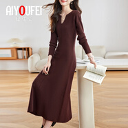 璦優(yōu)霏（aiyoufei）輕奢氣質(zhì)V領(lǐng)針織連衣裙女秋冬新款性感修身內搭打底過(guò)膝毛衣長(cháng)裙 酒紅色 XL 建議115-125斤左右
