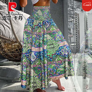 皮爾卡丹（pierre cardin）女裝2025夏季新款時(shí)尚波西米亞風(fēng)印花松緊腰中長(zhǎng)裙半身裙女士 109206綠色 S