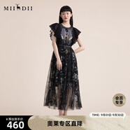 謎底仙女裙2022夏季飛飛袖質(zhì)感收腰顯瘦蕾絲連衣裙222GL0504 黑色花 L