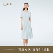 OVV2023春夏新款女裝單面緞三醋酸經(jīng)典圓領(lǐng)清爽百褶短袖連衣裙 藍灰（凈色）06 2XL