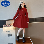 迪士尼女童秋冬連衣裙2025新品洋氣大童冬季針織公主裙兒童加厚長袖裙子 紅色 140 cm 適合身高135厘米左右