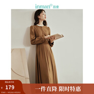 茵曼（INMAN）壓褶連衣裙春秋女新品美拉德立領燈籠袖中長款裙 深卡其 XL