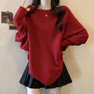 忻縈蝙蝠袖針織衫感黑色毛衣女冬大碼胖mm中長(cháng)款不規則斗篷上衣 紅色針織衫 L (100-120斤)