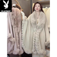 花花公子（PLAYBOY）歐洲站秋冬新尚歐美毛毛領(lǐng)中長(cháng)款斗篷披肩針織開(kāi)衫外套毛衣女潮 杏色 均碼