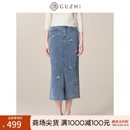 固執(zhí)（OBSTINATE）固執(zhí)2025秋季新款刺繡法式高腰百搭直筒裙顯瘦開叉中長(zhǎng)款牛仔裙 牛仔藍(lán) M