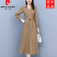 皮爾卡丹（pierre cardin）高端v領(lǐng)長(cháng)袖棉麻襯衫連衣裙女秋新款連身裙蝴蝶結氣質(zhì)收腰a字裙子 卡其色 M 【建議100斤內】
