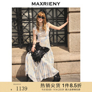 MAXRIENY【方媛同款】藍星花連衣裙優(yōu)雅小飛袖百褶氣質(zhì)收腰長裙夏 米白 M