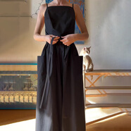 歐美女裝跨境夏季吊帶方領(lǐng)氣質(zhì)收腰顯瘦簡(jiǎn)約風(fēng)一片式綁帶長(cháng)裙 黑色 2XL
