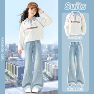 艾卡諾 I.KARNOW女童衛衣套裝兒童2026新款秋冬裝牛仔喇叭褲大童洋氣加絨女孩衣服 13131藍色+25027杏色 150