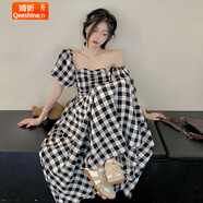 婍妡高級感別致漂亮赫本風(fēng)法式泡泡袖格子一字肩連衣裙小眾設計長(cháng)裙子 主圖款 XL _120-130斤