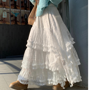 裙子冬季半身裙重工新款蕾絲邊蛋糕裙加厚顯瘦長(cháng)裙洋氣仙女裙碎花 白色 （爆款） 均碼 80-150斤