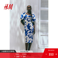 H&M女士花卉連衣裙秋季氣質修身歐根紗五分袖燈籠袖連身裙1238363 白色/藍色圖案 170/116 XL