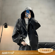 舉風(fēng)美式連帽pu皮衣外套秋季男廓形boxy版型夾克男高級感痞帥機車(chē)服 黑色【升級款】 90%買(mǎi)家選擇 XL 【130-150斤】可穿
