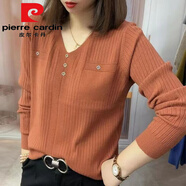 皮爾卡丹（pierre cardin）女打底衫女新款春秋時尚長袖針織毛衣韓版百寬松顯瘦減齡小衫 磚紅今年流行的輕奢品牌 S 建議80-95斤