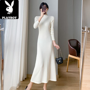 花花公子（PLAYBOY）秋冬穿搭配大衣中長款過膝加厚毛衣裙子半高領內(nèi)搭打底針織連衣裙杏色【顯身材/日系復古慵懶風/冷S 【80-90斤】