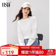 歐莎（OSA）白色薄款T恤女士長(zhǎng)袖寬松女裝2025年秋新款季蕾絲拼接上衣百搭 白色 XS