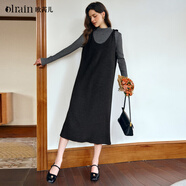 Olrain歐芮兒深灰色V領(lǐng)直筒顯瘦連衣裙女裝秋季疊穿無(wú)袖裙子 深灰色 L