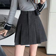 妹丫毛呢短裙女2025秋冬裝新款呢子a字裙高腰防走光短褲百褶半裙女 灰色 M