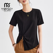 莫代爾2025春夏季新款感設計小眾短袖T恤女不規則下擺褶皺白t上衣 黑色 M