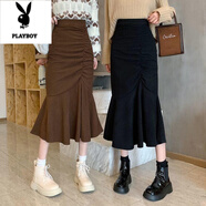 花花公子2025年秋冬新款設計感燈芯絨純色半身裙魚(yú)尾裙收腰顯瘦包臀裙ins 黑色 S 100斤以下