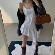 LMVXRMchic韓版優(yōu)雅甜美荷葉邊不規則下擺吊帶連衣裙2025 白色 均碼