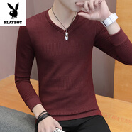 花花公子男士長(cháng)袖t恤春秋季修身衛衣男裝加絨加厚保暖毛衣打底衫白色衣服 酒紅色 常規 M 約90-105斤可穿