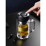 至舒（ZHISHU）玻璃杯加厚雙層帶把手帶蓋耐高溫男女士家用辦公杯大容量泡茶杯子 測溫款-皮紋黑400ml