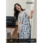 闊色（kuose）假兩件碎花吊帶t恤休閑褲兩件套裝藍(lán)2025夏女上衣寬松長(zhǎng)褲子新 拼色T恤5001 S