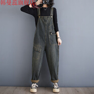 韓曼蕊2025春秋新款復古文藝寬松顯瘦大口袋牛仔背帶褲 藍色 L