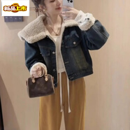 初徑娃娃領(lǐng)短款加絨牛仔棉衣外套女小個(gè)子冬季大翻領(lǐng)仿羊羔毛夾克棉服 圖片色 工廠(chǎng)現貨速發(fā) S