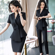 古緹琪職業(yè)裝女裝套裝時尚修身夏季新款短袖西服套裝女士西裝正裝工作服 黑色西服+長褲 L